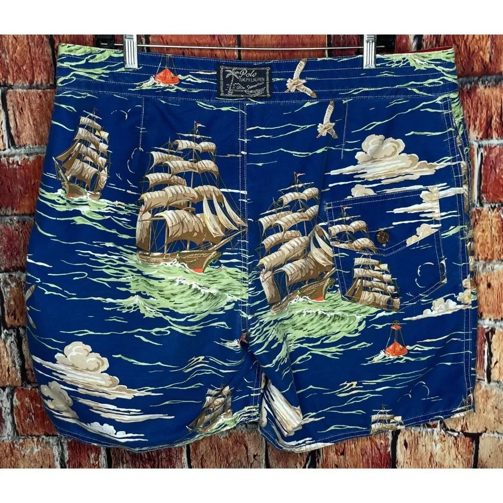 Polo Ralph Lauren Swimwear Trunks Board Shorts Sailboat Ocean Blue Pockets Sz 34